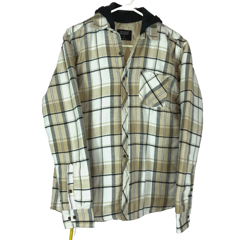 Triumph Tragedy Jacket Mens‎ Med. Quilted Hooded Flannel Tartan White Sand Chore